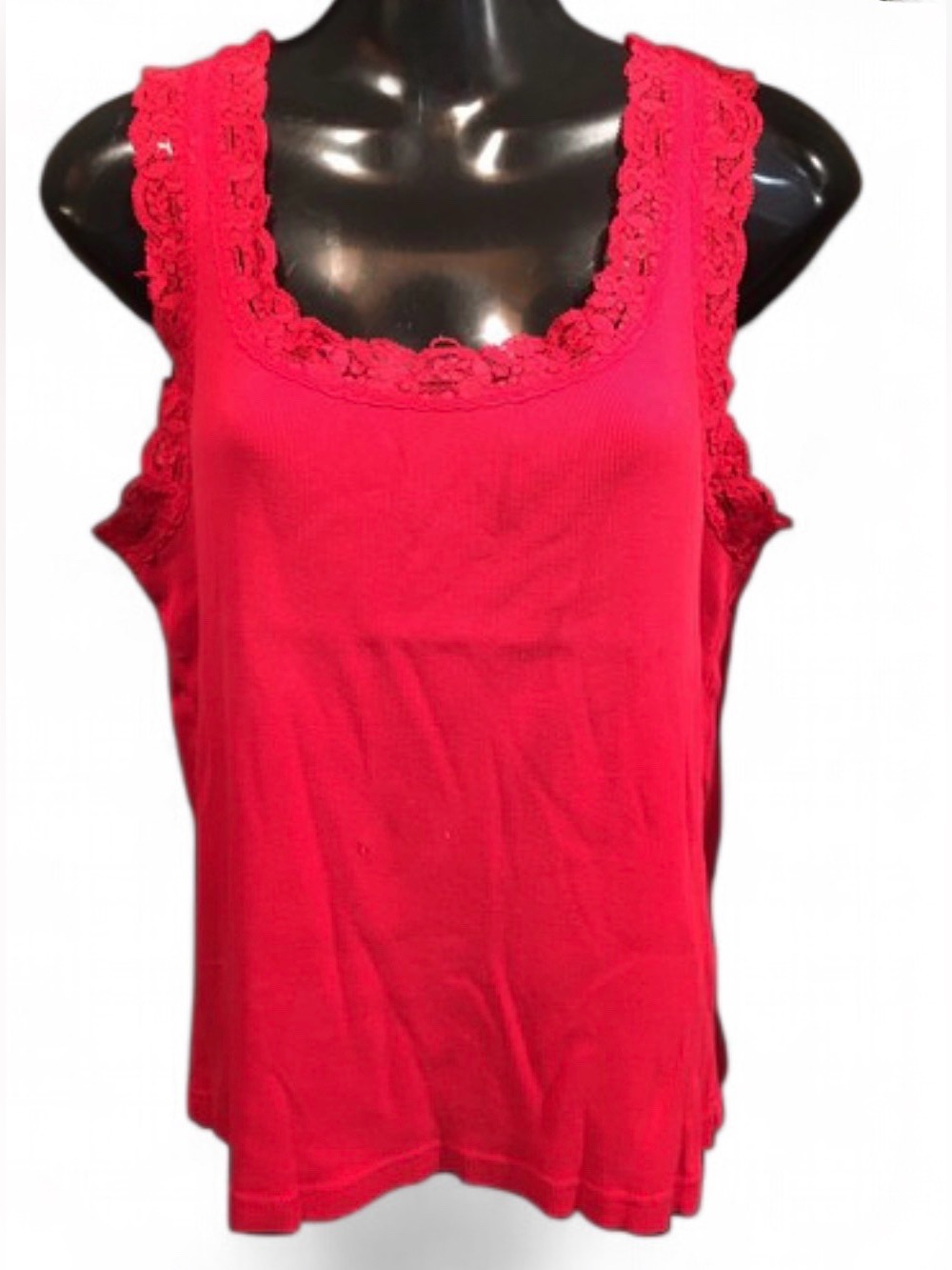 Vintage Faded Glory Red Ribbed Cami Tank Top Lace Trim M